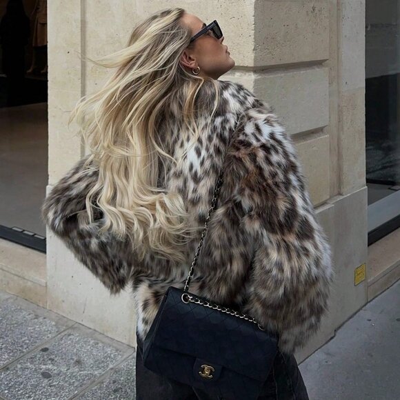 Women's Faux Fur animal print Long Sleeve Warm Coat - Picture 5 of 9